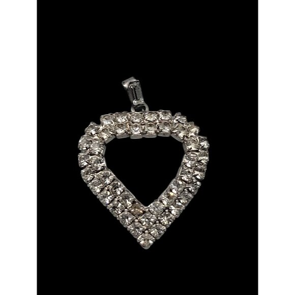 Rhinestone-Studded Open Heart Pendant Silver Tone Pot Metal Vintage - Picture 9 of 11